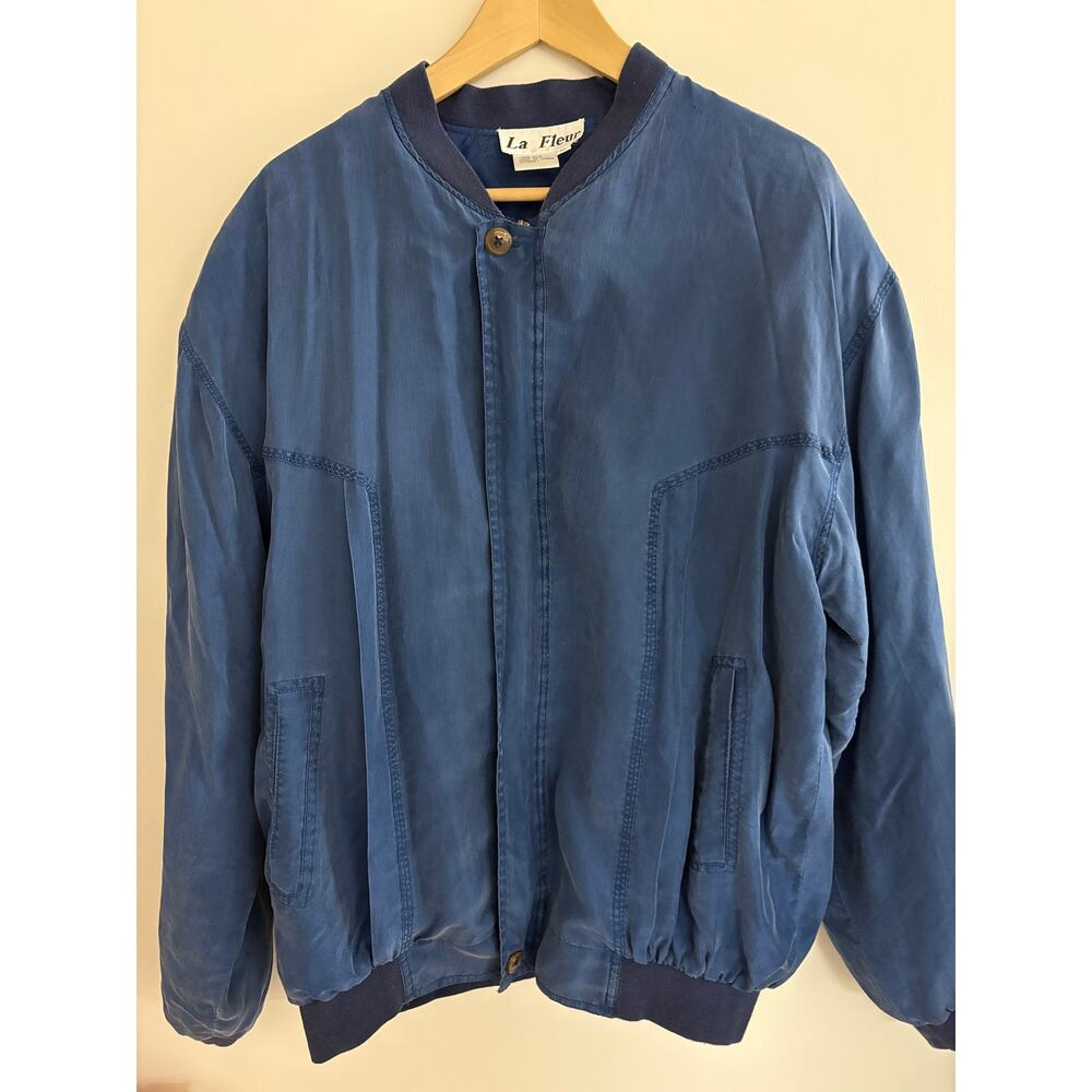 Vintage 90s La Fleur 100% Pure Silk Bomber Jacket – Navy Blue – Size XL